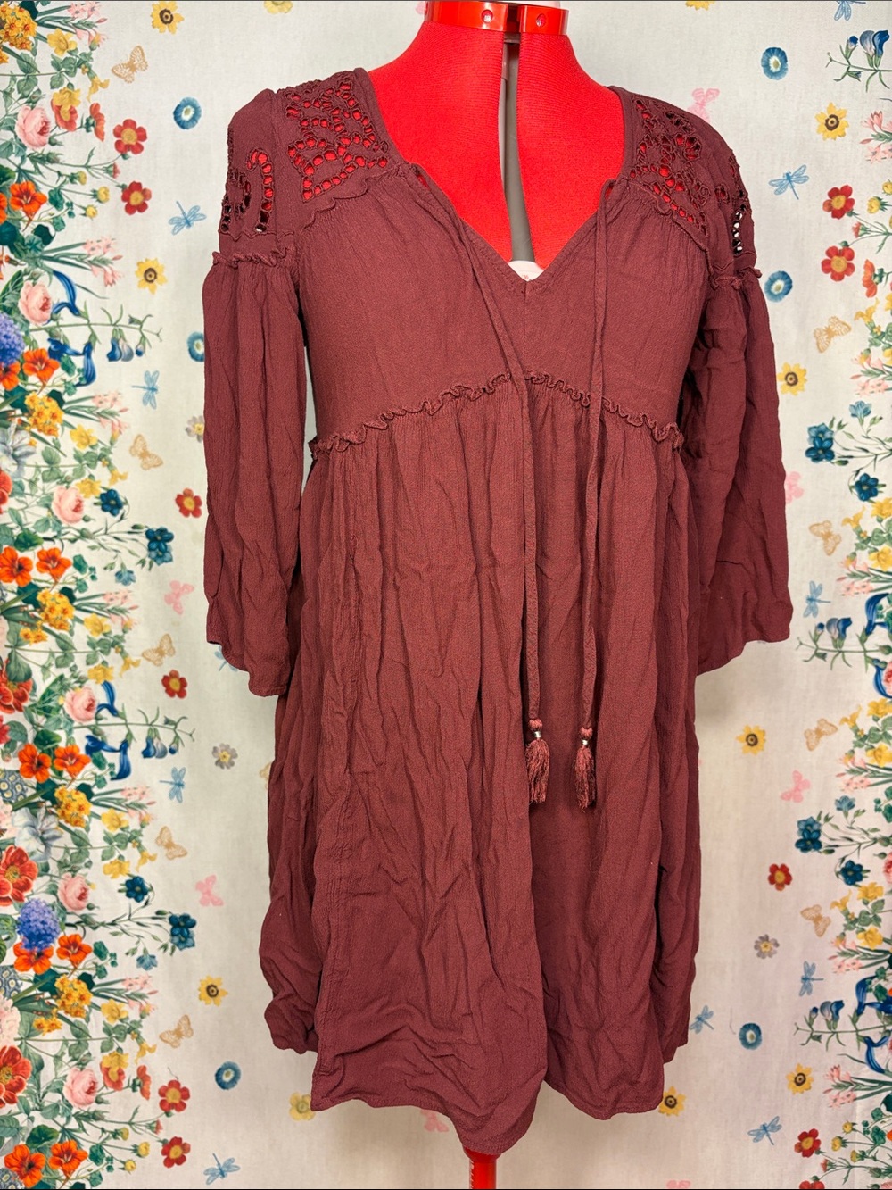 American Eagle Outfitters Deep Wine Crochet-Yoke Long Sleeve Dress